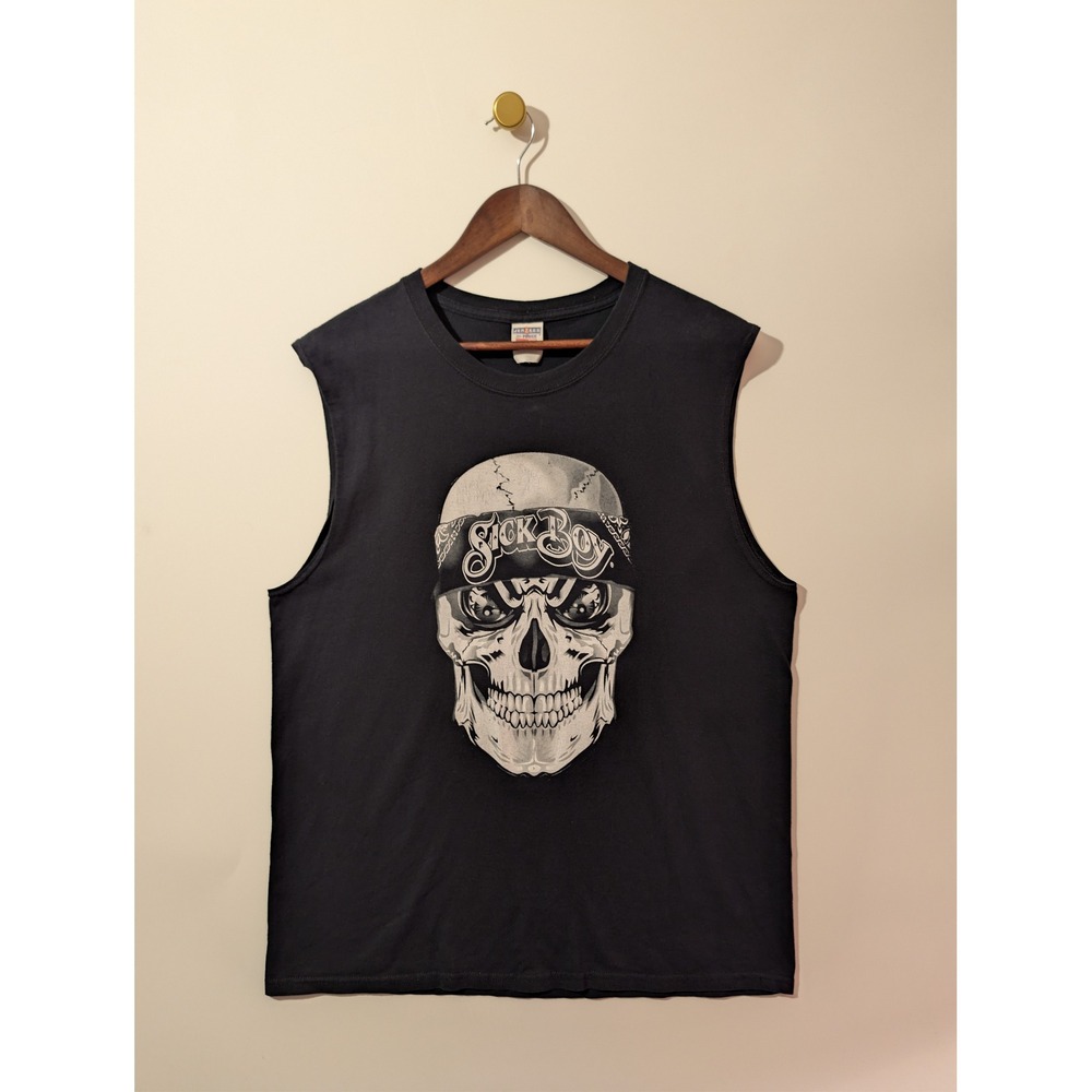 Sick Boy Muscle Tee Mens L Black Excellent Skull Biker Ride Fast Tank Top SEO
